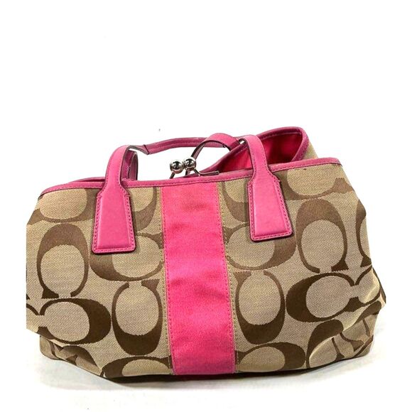 Coach Khaki and Pink Signature Jacquard Kiss-lock 3 Way Entry Shoulder Bag Purse - Picture 8 of 9